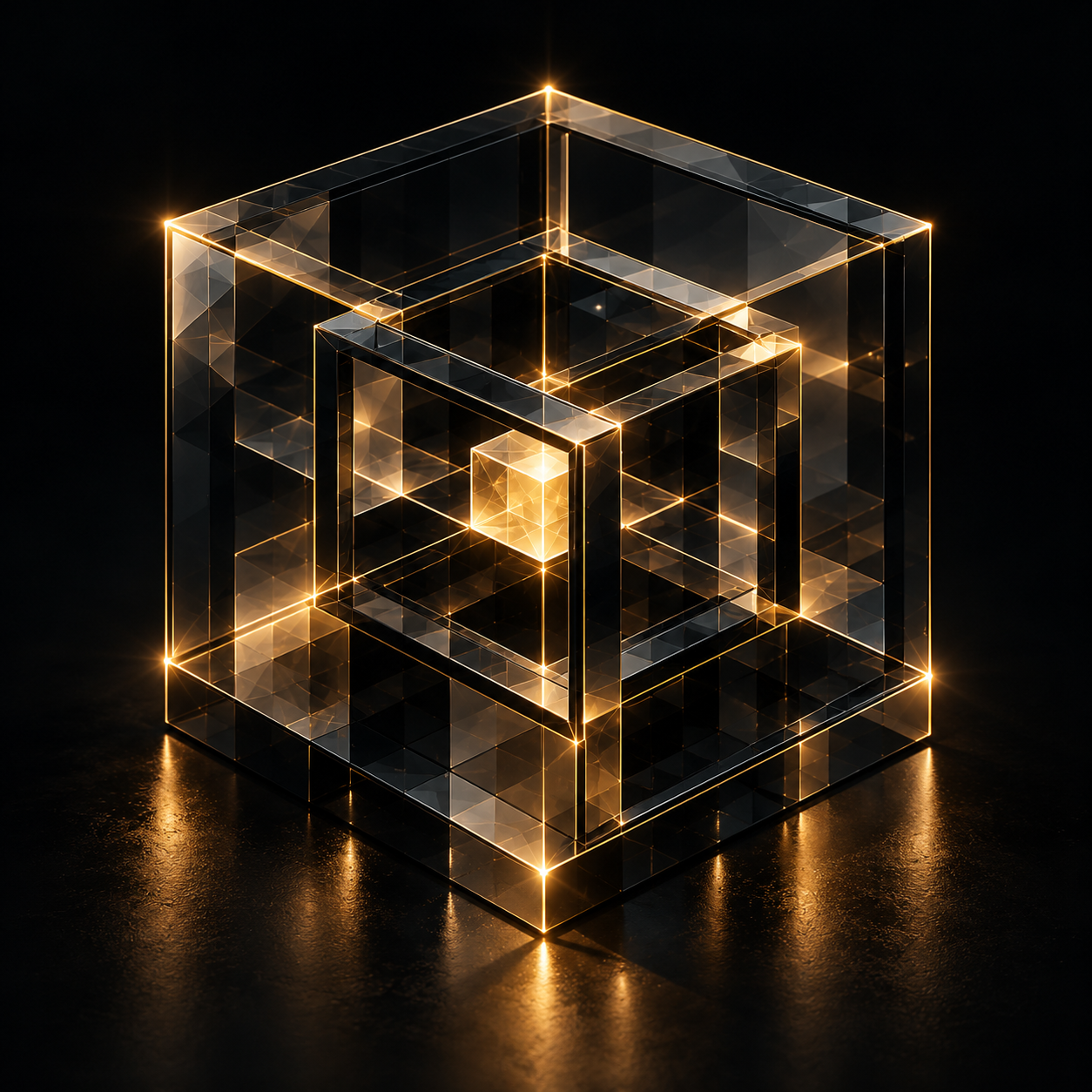 Nested crystal cube frames with overlapping edges surrounding a luminous gold core, reflected on a dark floor.