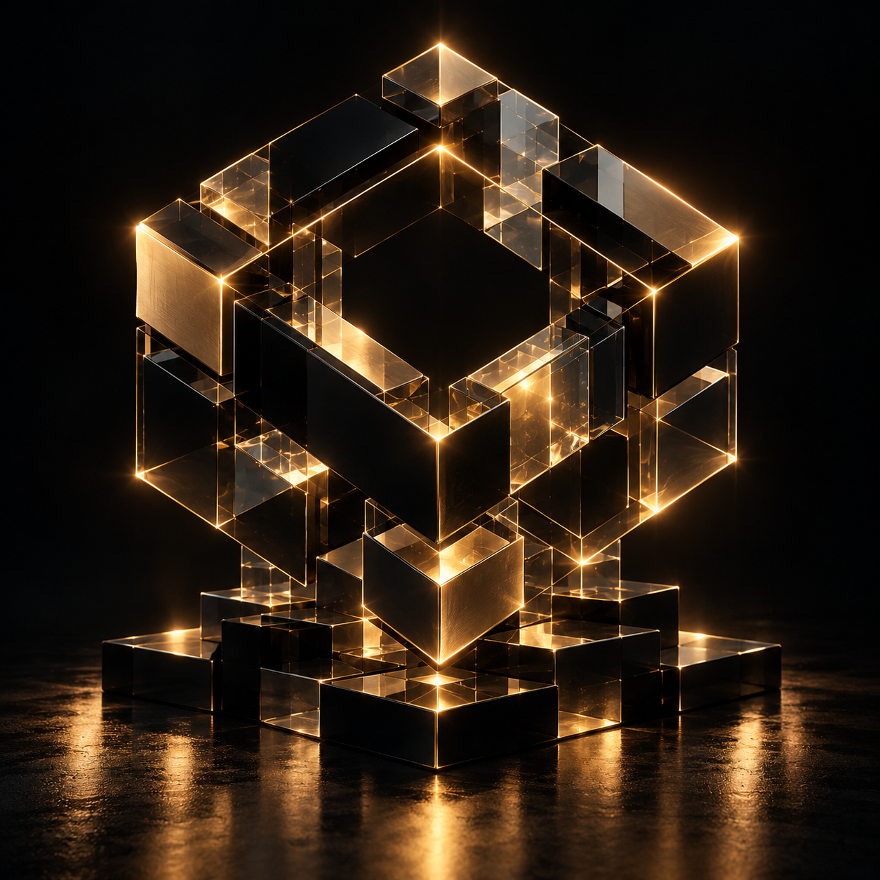 Obsidian, crystal and gold components aligning into one intricate structure above a reflective stepped base.