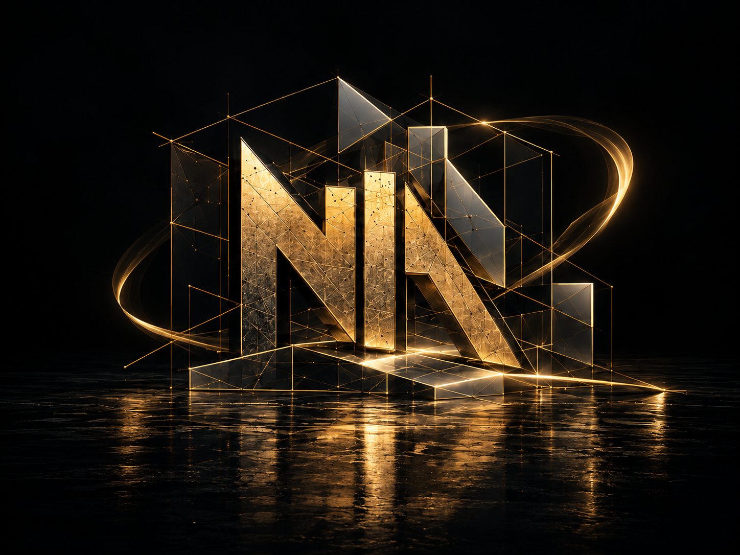 Gold Northside Ambition monogram framed by fine geometric lines, with a flowing gold ribbon and reflections on a wet dark floor.